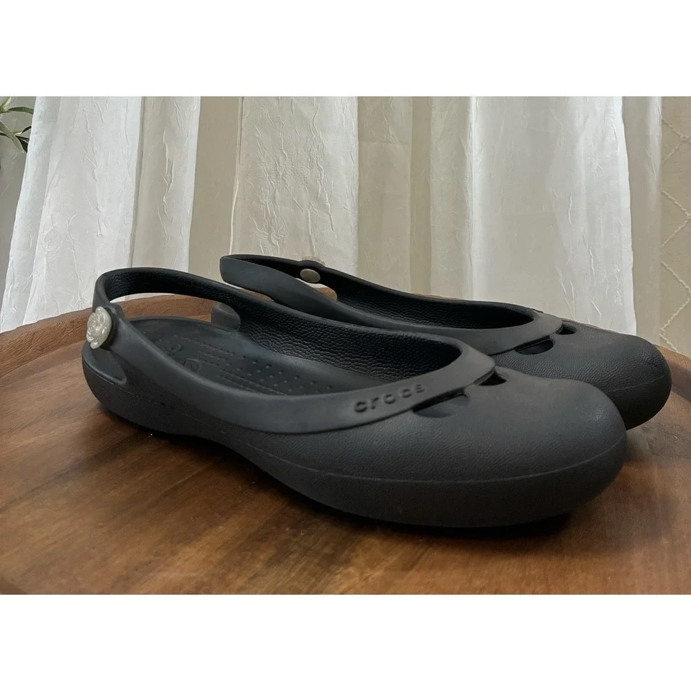 Crocs Black Rhinestone Olivia Slingback Flats Size 7 Sandals Slip On Shoes‎